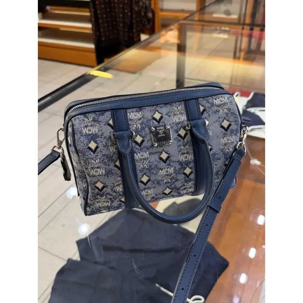 MCM Small Boston Bag In Denim Visetos New